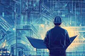 An illustration depicting an engineer reviewing plans against a backdrop of paper and blueprints, embodying the essence of engineering concepts and design. This scene highlights the meticulous nature 