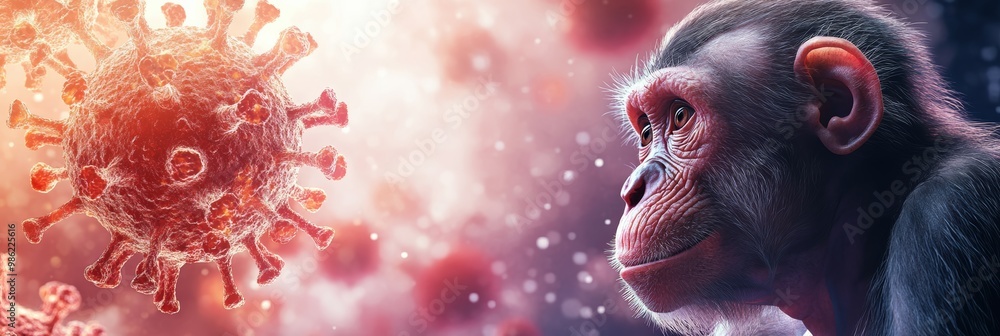 Poster side profile of a monkey staring at a virus in a red-lit background. depicting pandemic and virus tr