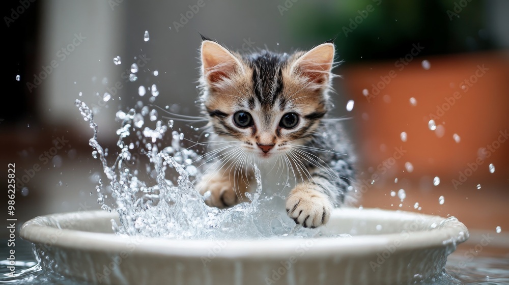 Poster a playful kitten splashing in a shallow water dish, with droplets flying around and a curious expres