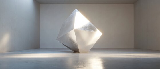 A cube made of metal is sitting on a white floor