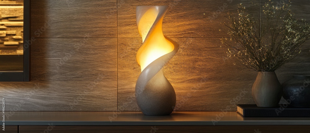 Poster a lamp with a spiral shape is lit up and sits on a table