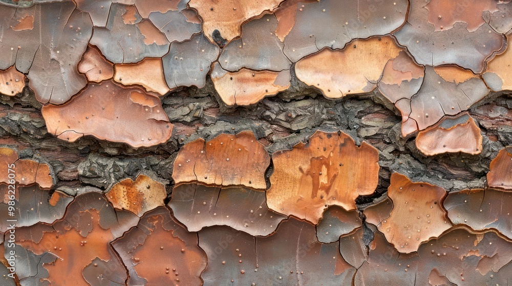 Poster close-up of a tree bark with a textured surface, featuring a range of shades of brown, grey and red.