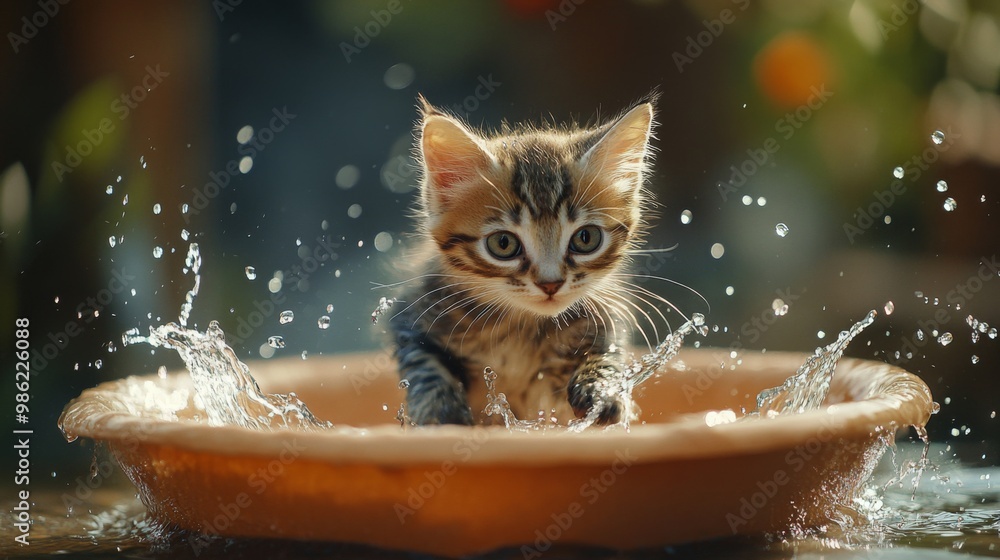 Poster a playful kitten splashing in a shallow water dish, with droplets flying around and a curious expres