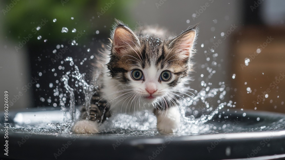 Poster a playful kitten splashing in a shallow water dish, with droplets flying around and a curious expres