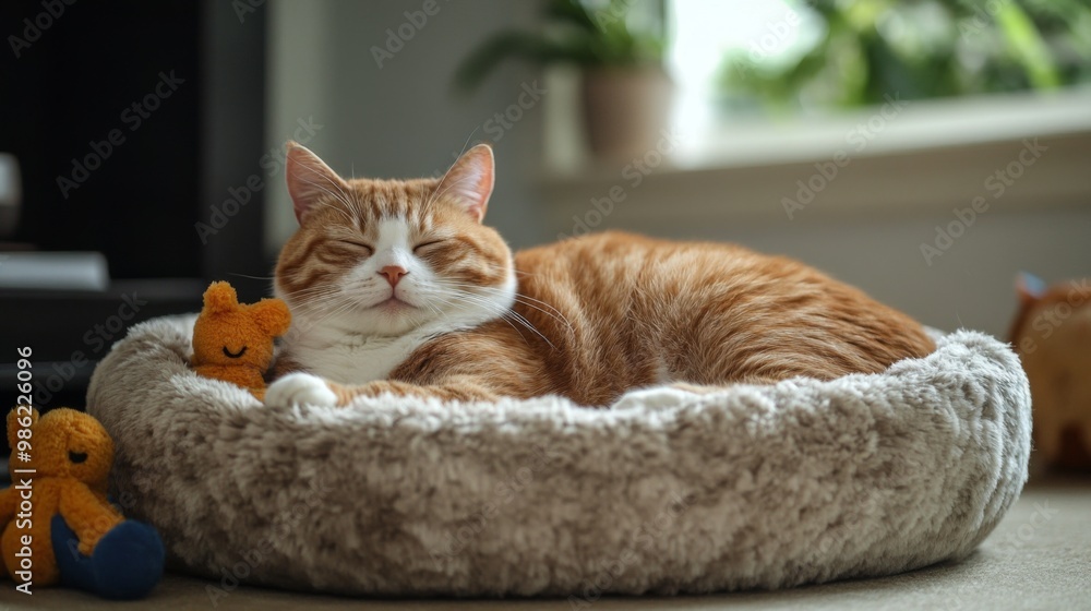 Poster a plump cat snoozing in a plush cat bed, with its belly visible and a serene look, surrounded by a f