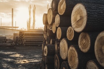 Massive tree trunks stacked in a lumberyard, bathed in harsh sunlight, creating a striking industrial background. This scene highlights the raw beauty of timber, with ample copy space to emphasize the