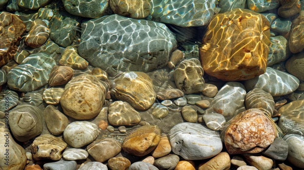 Poster smooth, round river stones submerged in crystal-clear water, sunlight reflecting off the surface, cr