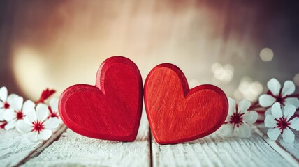 Obraz premium A photo of two vibrant red wooden hearts placed side by side on a white wooden surface. The background is blurred and has a gradient of light to dark shades, creating a soft and romantic ambiance.