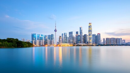 Naklejka premium A modern city skyline illuminated at night, showcasing 5G towers integrated with smart city technology. The vibrant lights from the buildings reflect the innovation and connectivity brought by