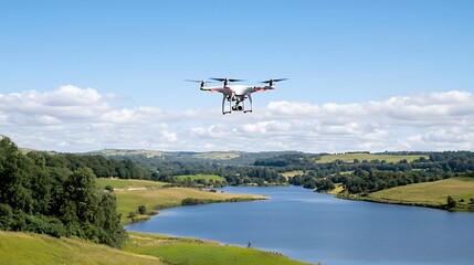 Fototapeta premium A drone flying over a picturesque landscape, capturing real-time data and streaming it seamlessly via 5G technology. The image highlights the potential of wireless connections in diverse