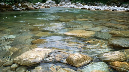 Fototapeta premium Crystal clear water flowing over smooth river rocks.