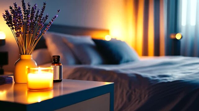 A serene bedside table with a lavender vase, essential oil diffuser, and a flickering candle, creating an ambiance for deep relaxation