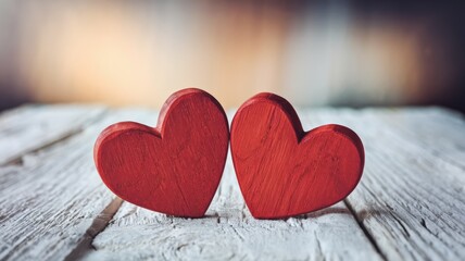 Fototapeta premium A photo of two vibrant red wooden hearts placed side by side on a white wooden surface. The background is blurred and has a gradient of light to dark shades, creating a soft and romantic ambiance.