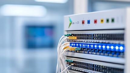 A close-up shot of a high-tech server rack illuminated with soft blue LED lights, highlighting the intricate wiring and hardware components. The background features an out-of-focus cybersecurity
