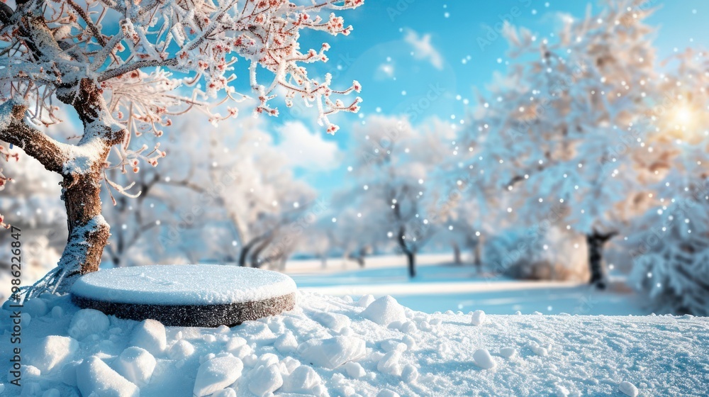 Poster a snowy winter scene with a snow-covered circular surface in the foreground and a frosted tree in th