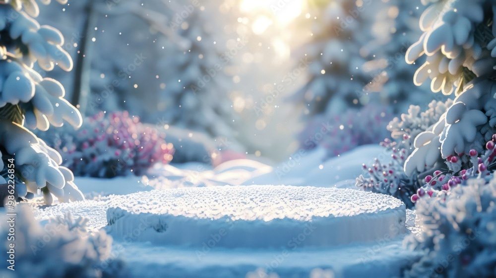 Poster a snowy forest scene with a circular platform in the foreground, perfect for showcasing products or 