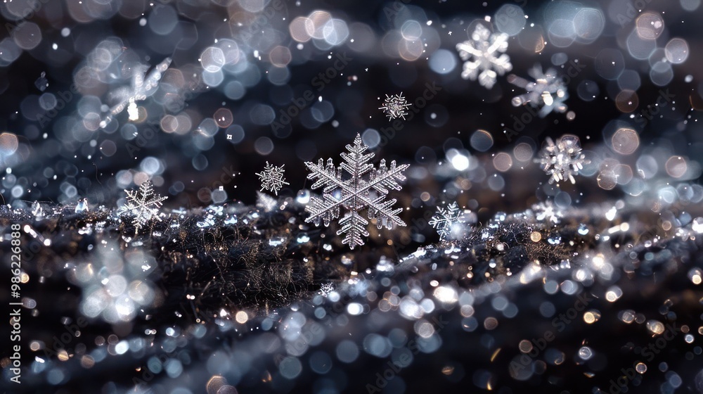 Aufkleber close-up of delicate snowflakes falling on a dark background with bokeh.