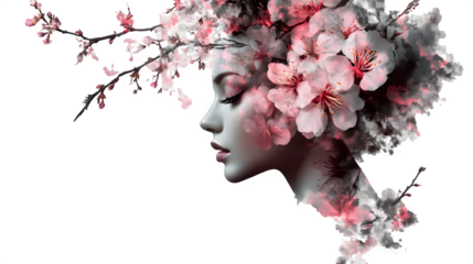 Profile of young beautiful woman in floral image in vector style on transparent background