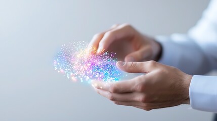 A close-up of hands interacting with a holographic interface displaying complex data sets and analytics. The image captures the essence of user engagement with technology, enhancing the theme of