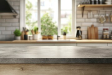 Modern kitchen countertop or tabletop with empty space over blurred kitchen in the background with generative ai