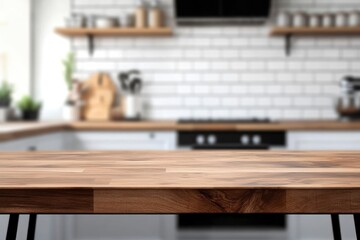 Modern kitchen countertop or tabletop with empty space over blurred kitchen in the background with generative ai