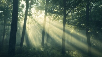 Sunlight Rays Piercing Through a Misty Forest