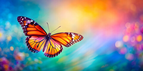 Fototapeta premium Vivid butterfly flying on a background, Butterfly, Blue, Yellow, Orange, Beautiful, Flight, Isolated,Insect, Winged