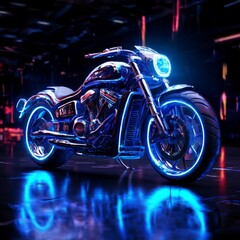 A high-tech motorcycle illuminated with blue neon lights, placed in an industrial environment with reflective surfaces. The sleek and powerful design stands out, evoking a modern, futuristic feel.