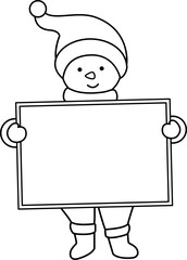 Cute winter snowman holding blank sign outline vector