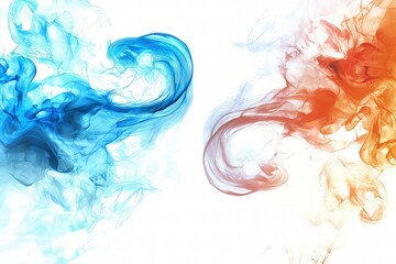 Fototapeta premium A dynamic scene of swirling smoke in contrasting colors of icy blue and fiery red, symbolizing the clash of ice and fire. isolated on white background. 