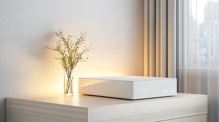 An advanced health monitoring device placed delicately on a high-end wooden surface, with gentle illumination highlighting its innovative features and ergonomic design. The purposeful composition