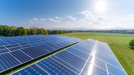 A stunning aerial view of a modern solar farm, showcasing rows of powerful solar panels glistening under the sun. The vibrant blue sky contrasts beautifully with the green fields surrounding the