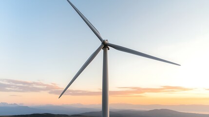 Close-up shot of a sleek wind turbine standing tall against a dramatic sunset backdrop. The turbine is blades are in motion, symbolizing innovation and renewable energy. The foreground is in sharp
