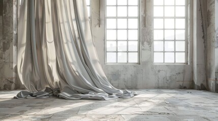 A large, flowing white curtain hangs in front of an industrial window, casting a soft shadow on the worn concrete floor.
