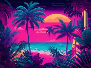 Obraz premium Retro image of the tropics, in neon light.