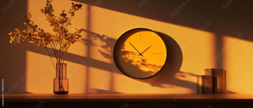 Poster a clock with the hands at 3:00 and a vase of flowers on a table