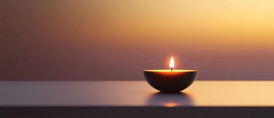A candle is lit in a small bowl on a table