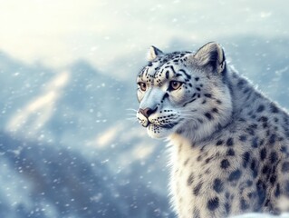 Obraz premium A snowy landscape features a majestic snow leopard gazing into the distance, surrounded by mountains and falling snow.