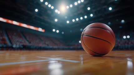 Naklejka premium Close-up of a basketball on the court in a brightly lit arena, representing the thrill of the sport