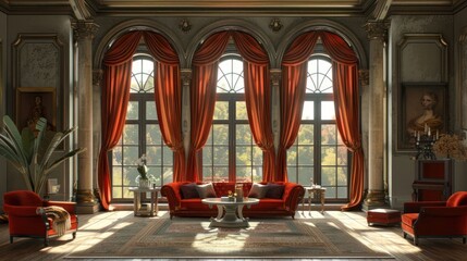 Obraz premium A grand living room with large windows, red velvet furniture, and ornate decor.