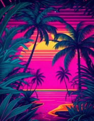 Obraz premium Retro image of the tropics, in neon light.