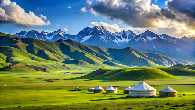 Lush Kalajun grassland in Xinjiang, China with yurts and mountains in the background, Kalajun, grassland, Xinjiang