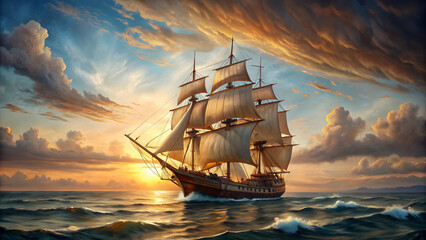 Vintage 18th century ship painting with sails navigating the ocean , adventure, ship, vintage, 18th century, sea