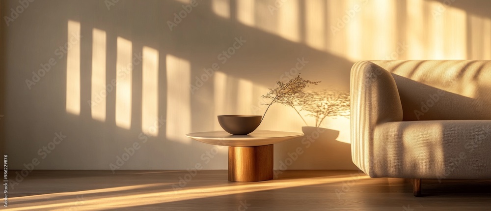 Poster a white couch sits in front of a window, with a vase on a table in front of it
