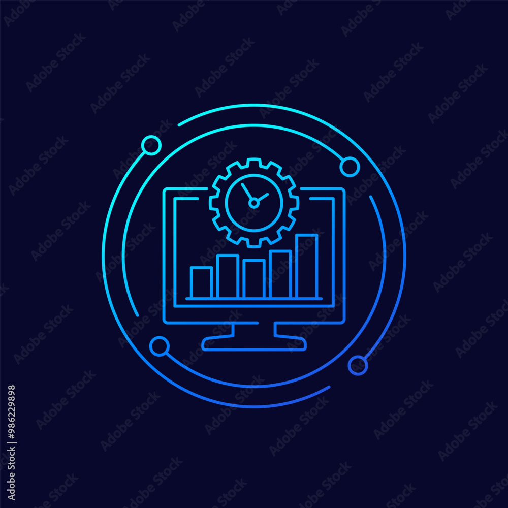 Poster work productivity icon with computer, linear design