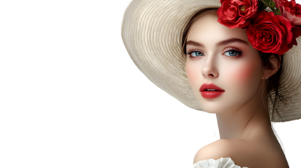 Young beautiful woman in a straw hat with red roses and an off-shoulder dress on a transparent background