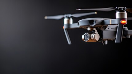 Naklejka premium A close-up shot of a professional-grade drone is intricate features and high-tech sensors, set against a minimalistic black background. The detailed focus on the drone is design highlights