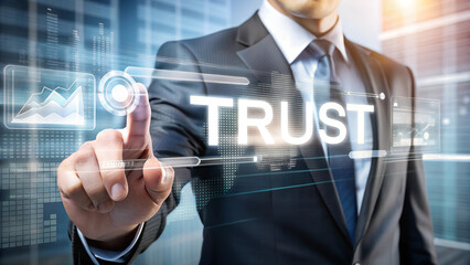 Businessman reaching out to the word "TRUST" in a futuristic digital interface
