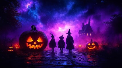 children in scary costumes go for sweets in the evening colorful party Halloween kids