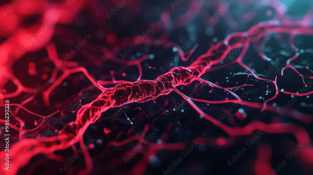 Poster a vibrant, abstract depiction of neural connections, showcasing red and black lines intertwined, sug